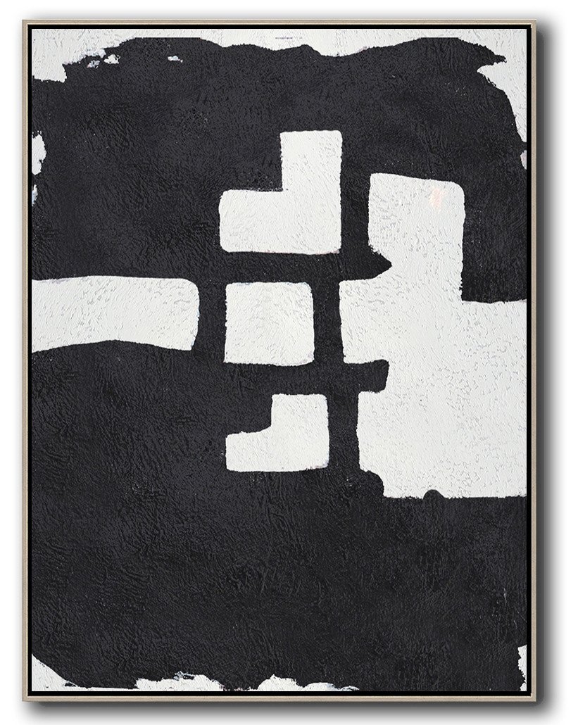 Hand-Painted Black And White Minimal Painting On Canvas - Corporate Art Single Room Large
